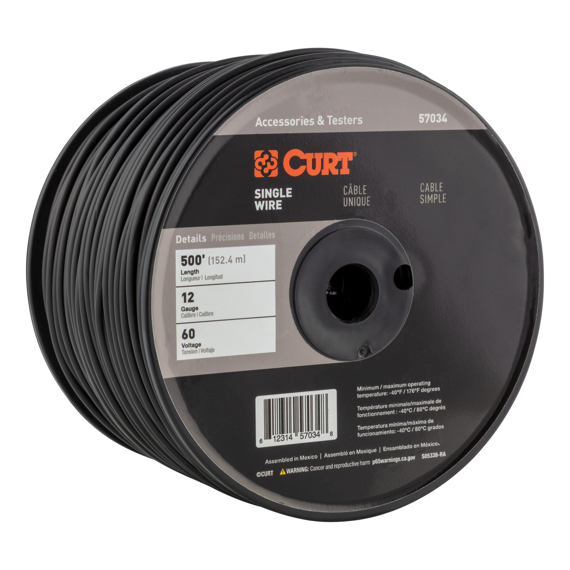 Curt Manufacturing Automotive Primary Wire — 500ft. Spool, 12-Gauge, 60-Volt, Black, Model# 57034